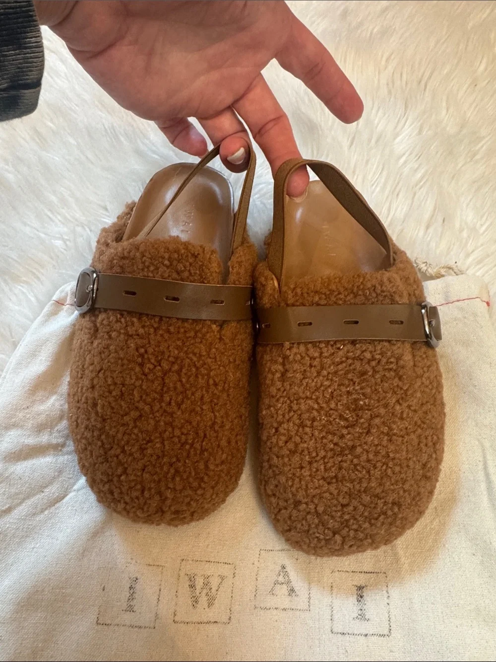 NWOT Size 29 IWAI Brown Fuzzy Slip-on Mules!